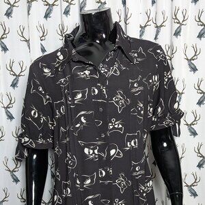 Unique Vintage Black Cat Prowling Darling Button Up Crepe Shirt